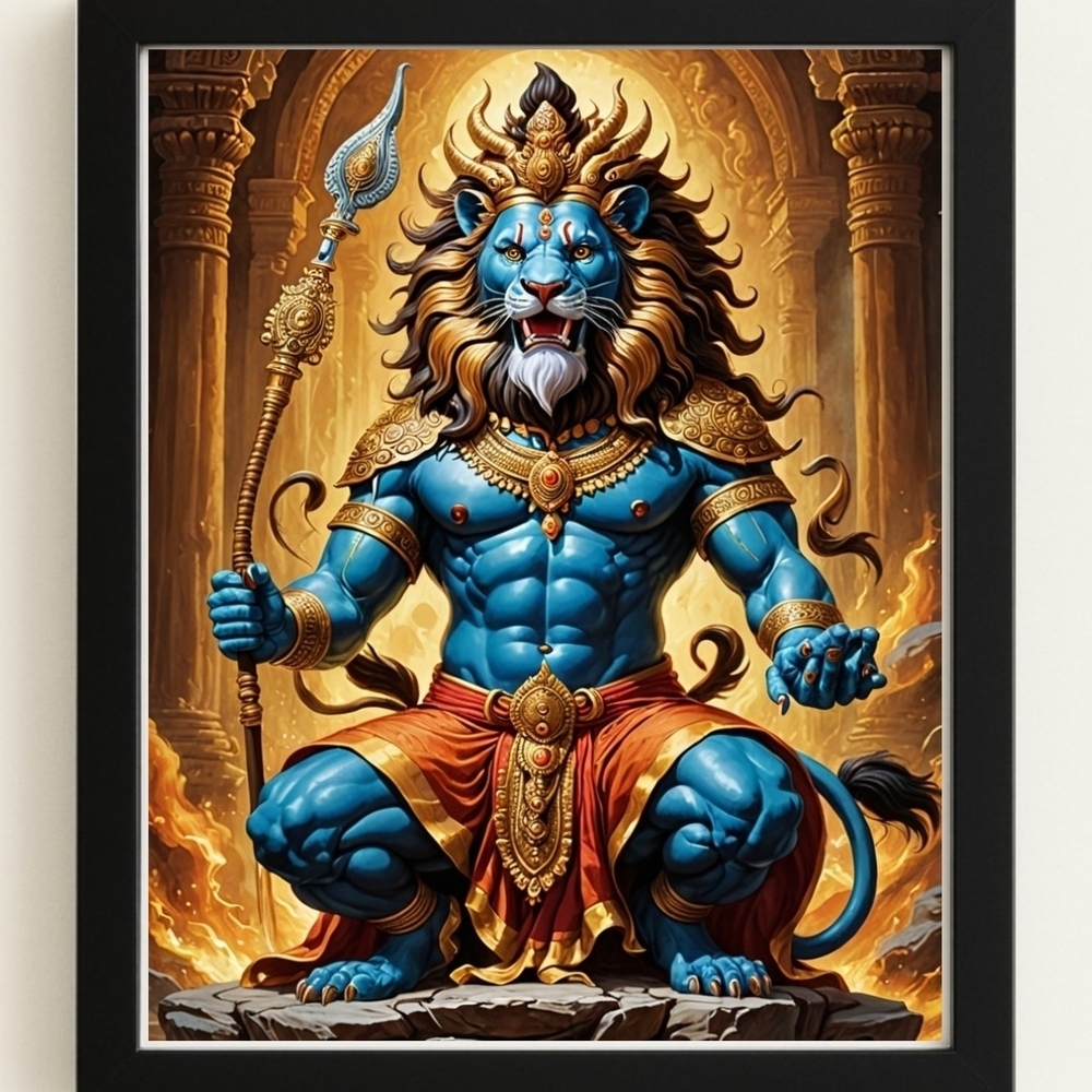 Blue and Gold Lion Narasimha Deity Art Print In A  Frame 8x10